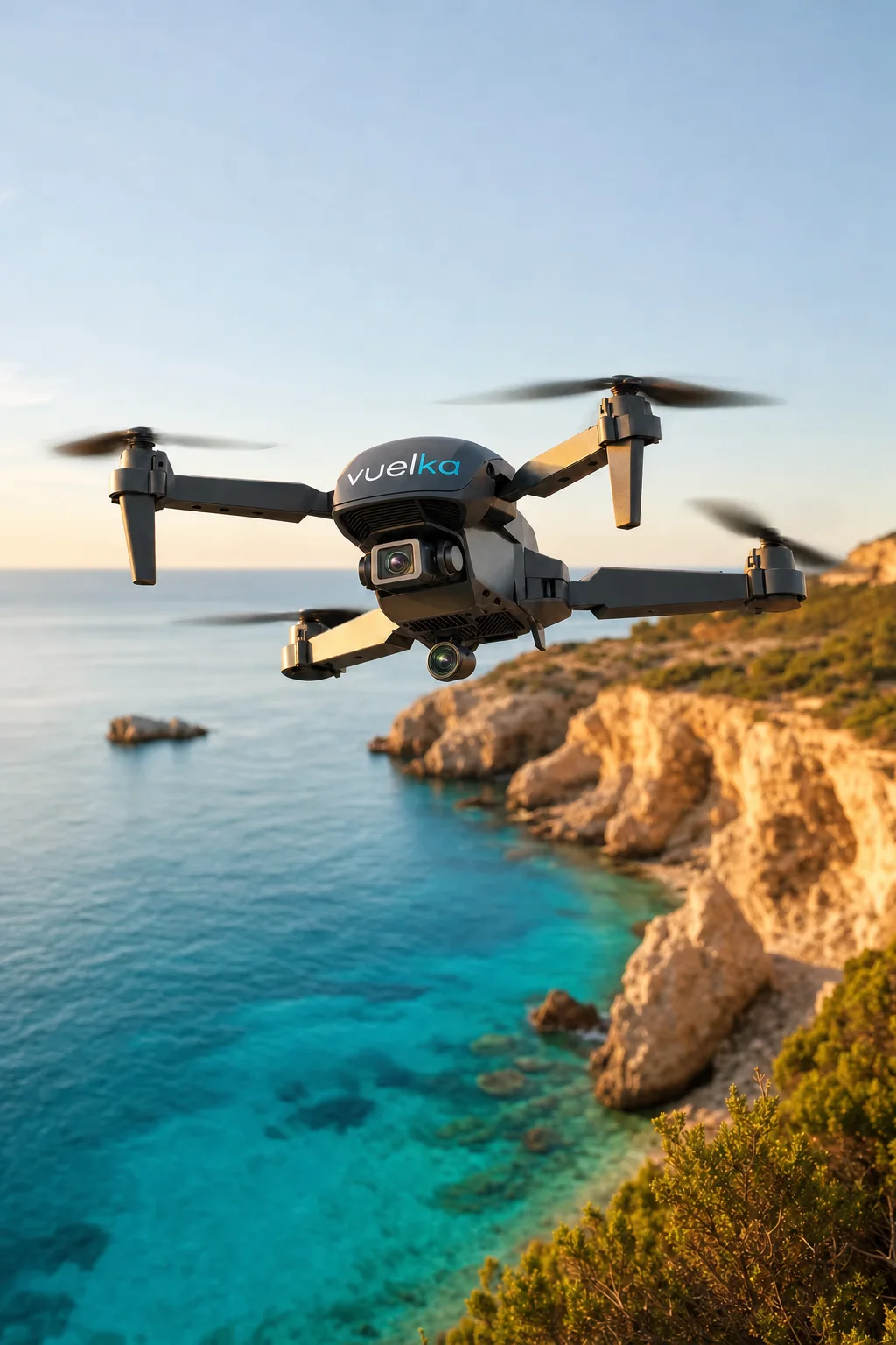 Dron plegable negro de doble cámara sobrevolando una costa al atardecer