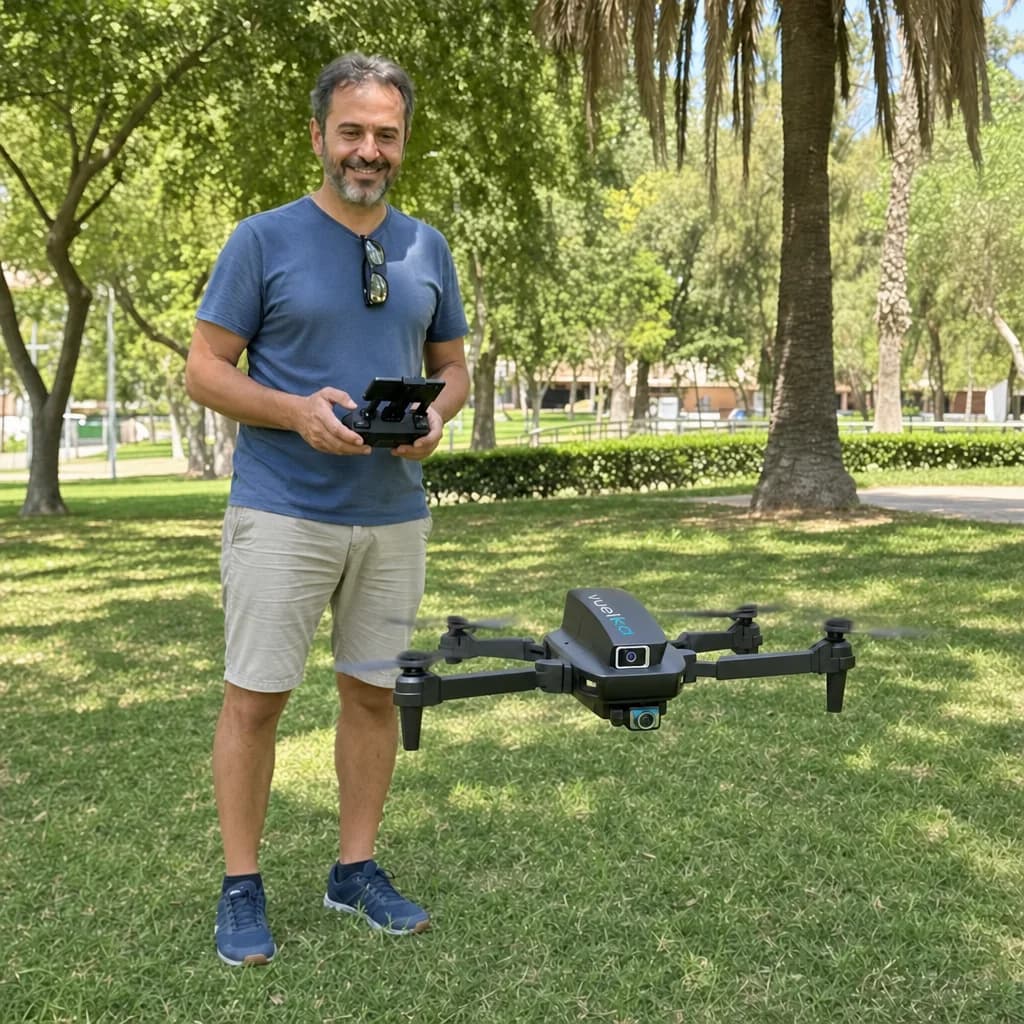 Hombre en un parque haciendo despegar el dron negro