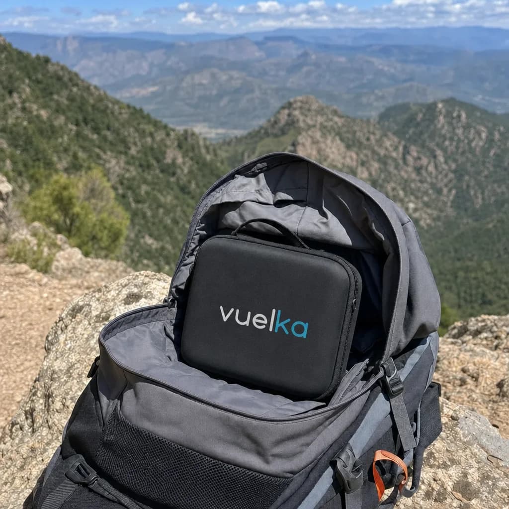 Mochila abierta en la montaña con el maletín del dron dentro