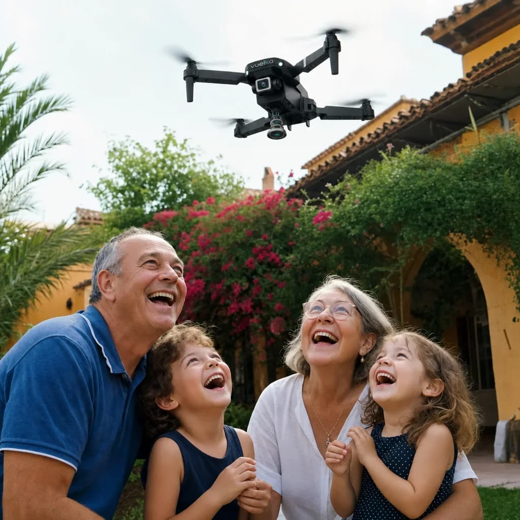 Abuelos y nietos en un jardín mirando el dron volar
